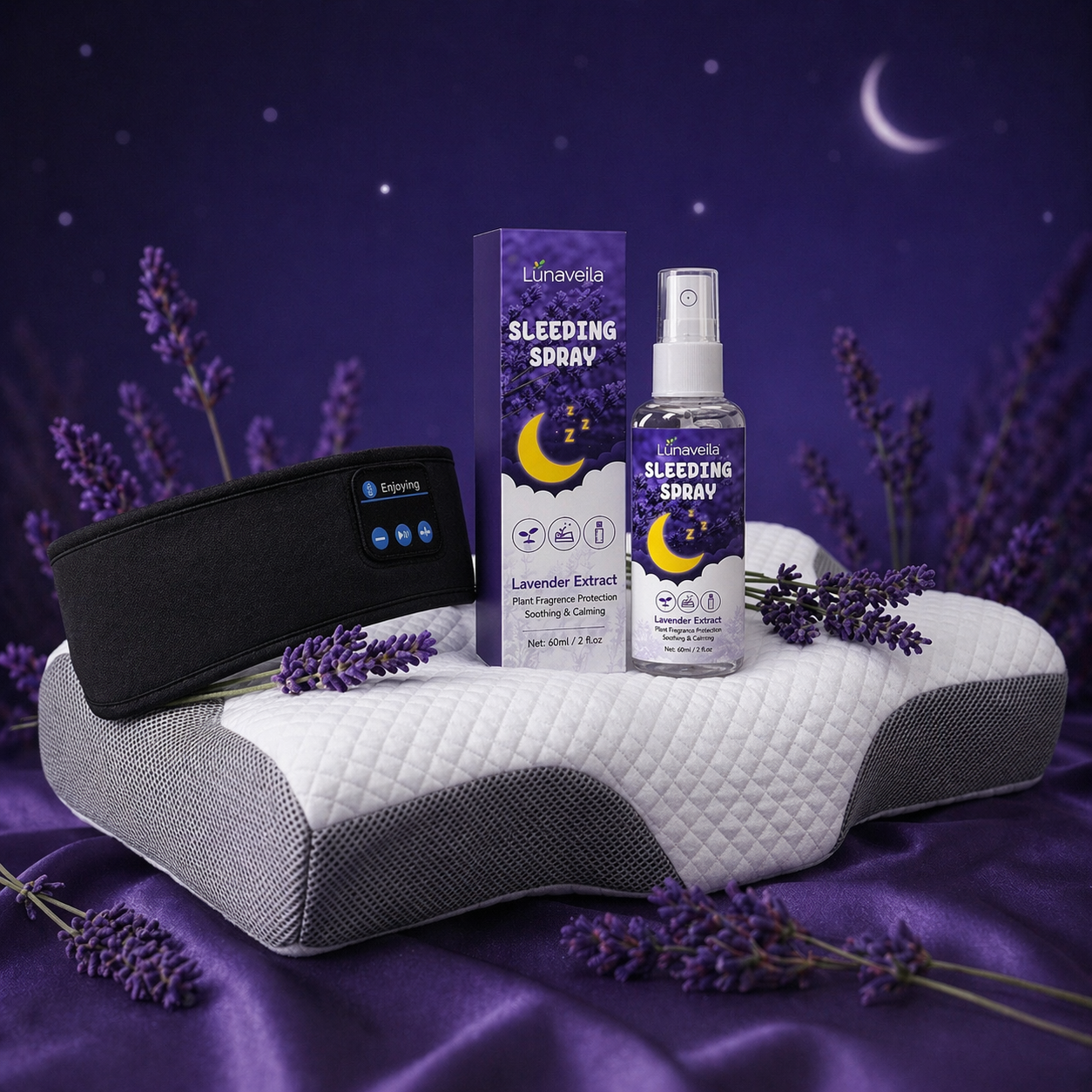 Kit Sommeil Premium — Bandeau + Spray + Oreiller